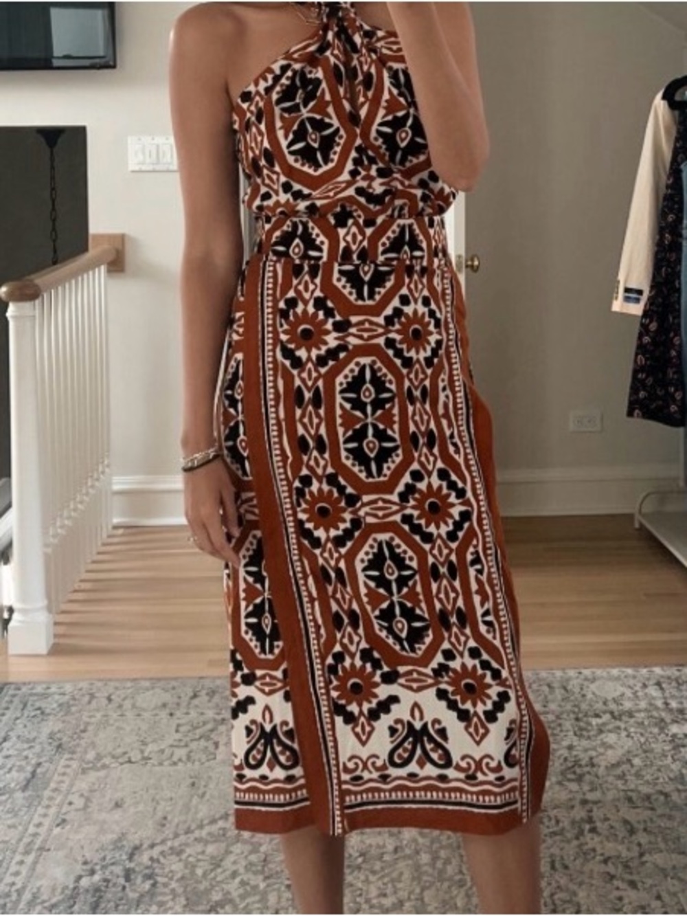 Sezane Alana Dress, Halter Midi Dress Size 42 / US 10, Rust Brown, Black, Cream - Picture 16 of 16